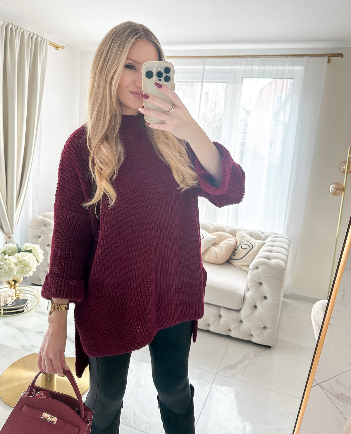 Long Pullover mit Schlitz – Burgunder