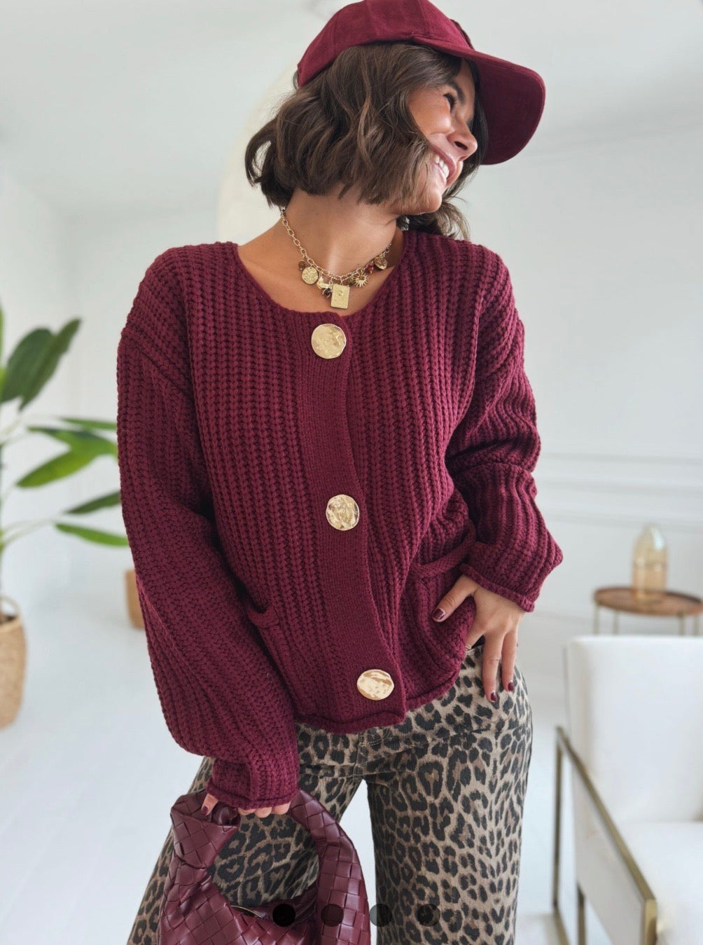 Cardigan mit XL-Knöpfen – Burgundy